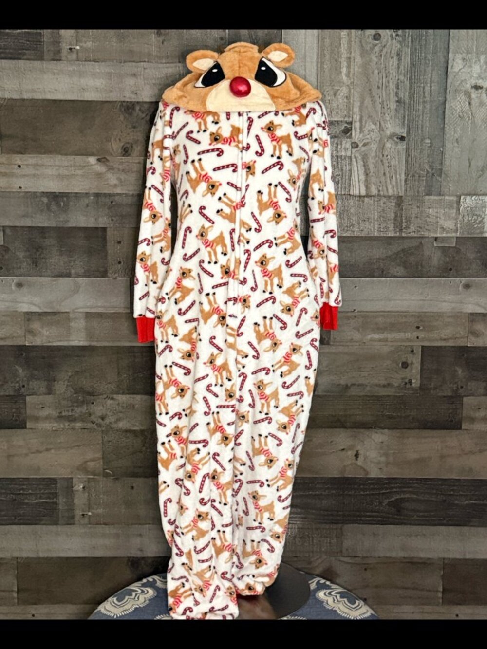 Rudolph The Red Nosed Reindeer fleece onesie medium Christmas pajamas candy cane